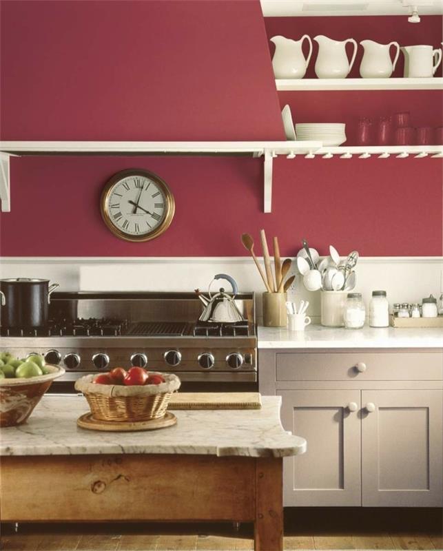 katon kaltevuus pieni keittiö punainen seinä väri valkoinen keittiökalusteet