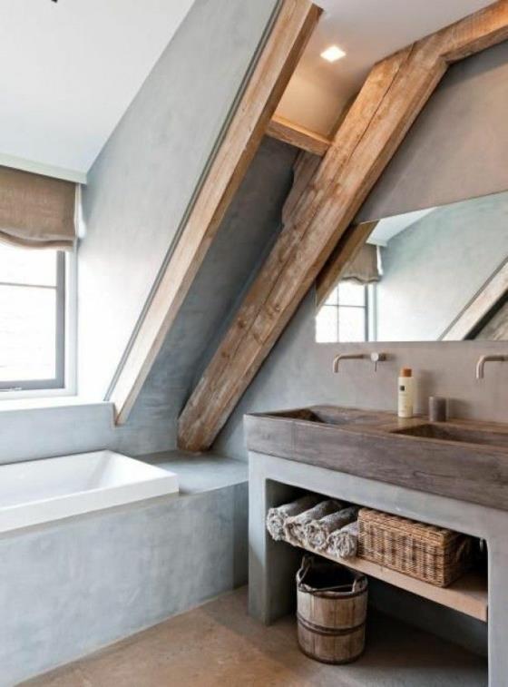 ullakko kylpyhuone puupalkki maalaismainen pesuallas puinen ämpäri