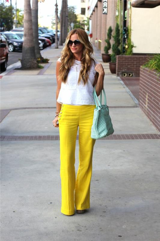 naisten housut keltaiset kirkkaat värit muodin trendit