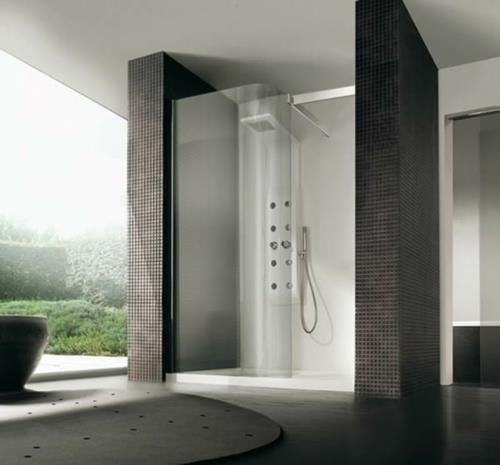 höyrysuihku kylpyhuone minimalistiset tummat pinnat