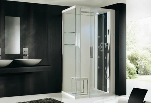 höyrysuihku kylpyhuone minimalistinen tummat seinät pesuallas