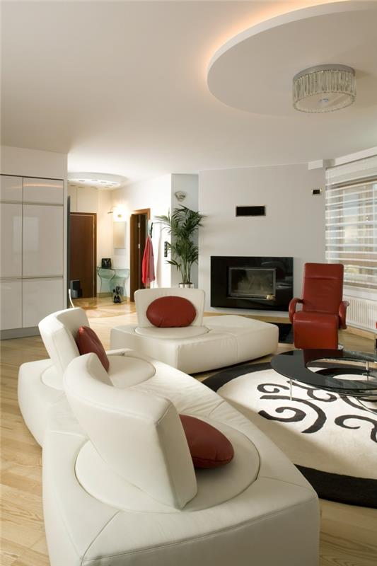 kattovalaistus olohuone valkoiset huonekalut pyöreä matto