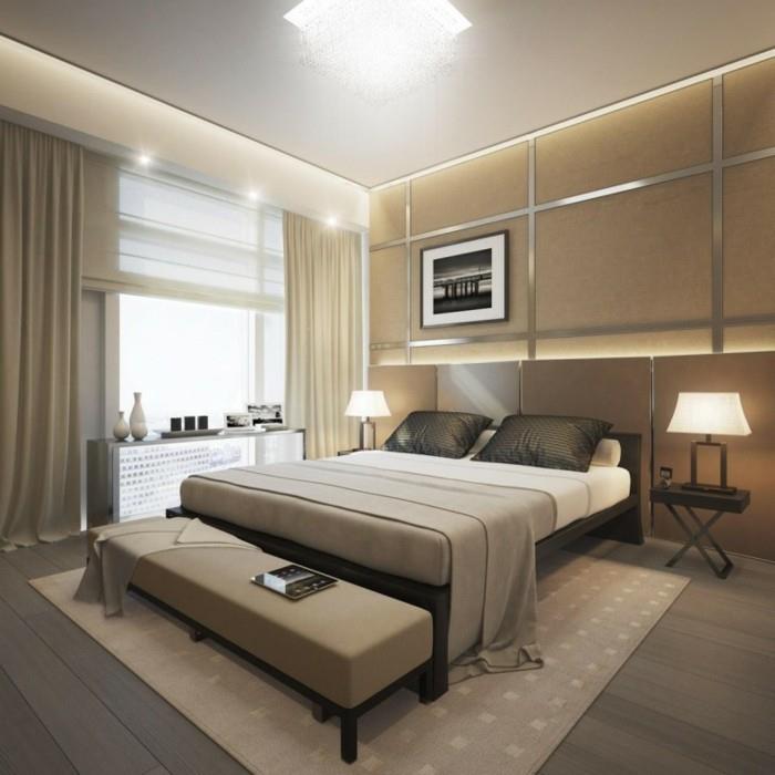 deco -ideat makuuhuoneen beige -verhot koriste -esineet makuuhuoneen penkki