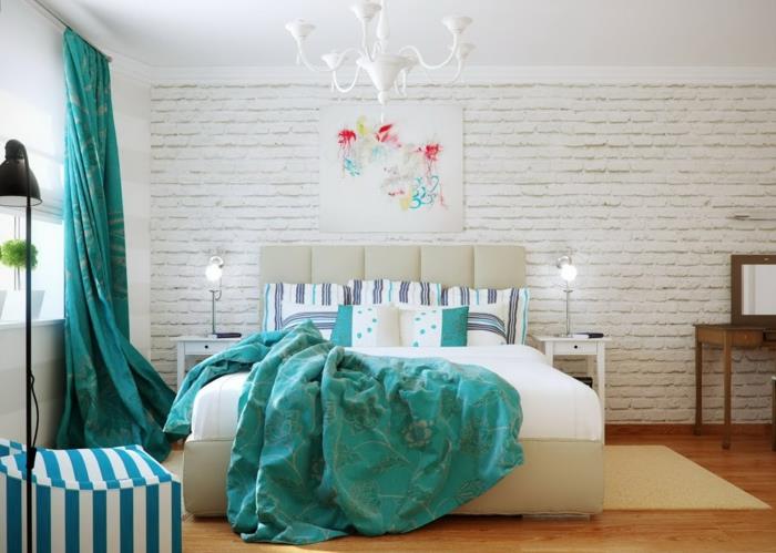 deco ideas bedroomkuva tiiliseinä pitkät vihreät verhot