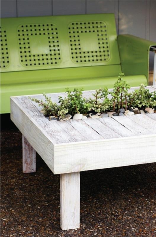 koriste-ideoita tee-se-itse puutarhapöytä kasvilaatikko vihreä puutarhapenkki