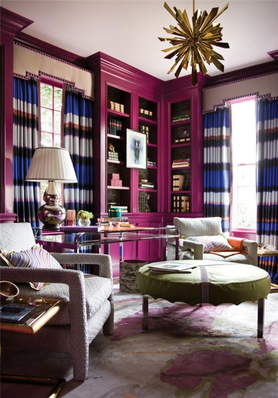 sisustusideoita olohuone violetti huonekalut pitkät verhot tyylikäs matto