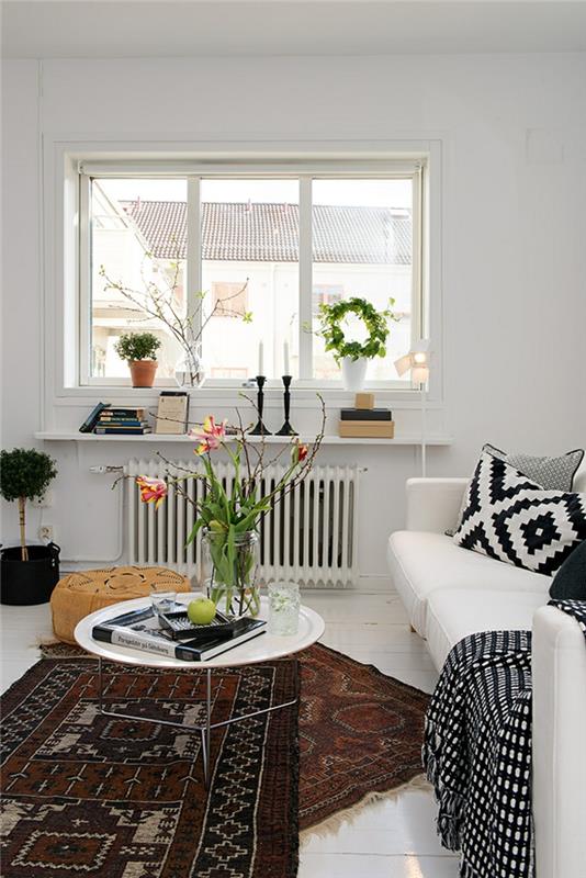sisustusideoita olohuoneen mattojuoksijat kukat valkoiset seinät kasvit
