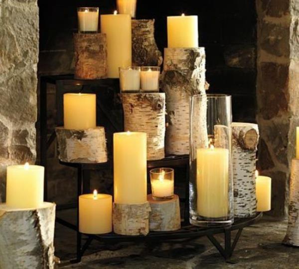 koristeellinen takka koivu puu pylväs kynttilät lyhdyt lasi
