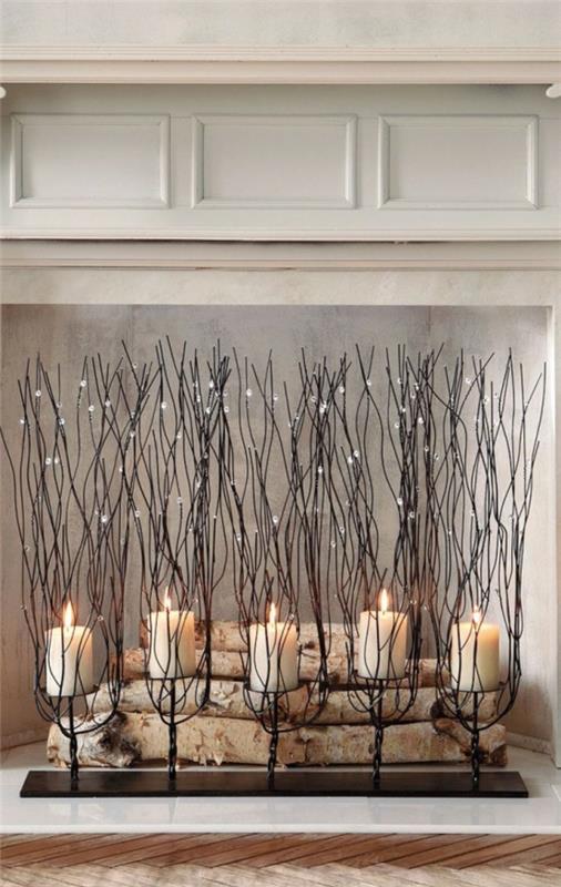 koristeellinen takka polttopuut koivu puu metalliset kynttilänjalat