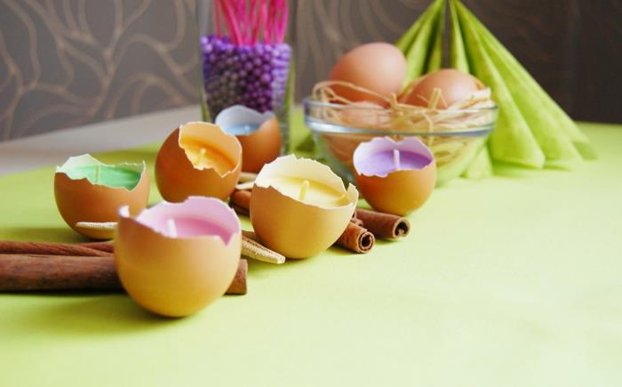 tee koristelu itse pääsiäiskoriste -ideoita munankuoren väriset kynttilät