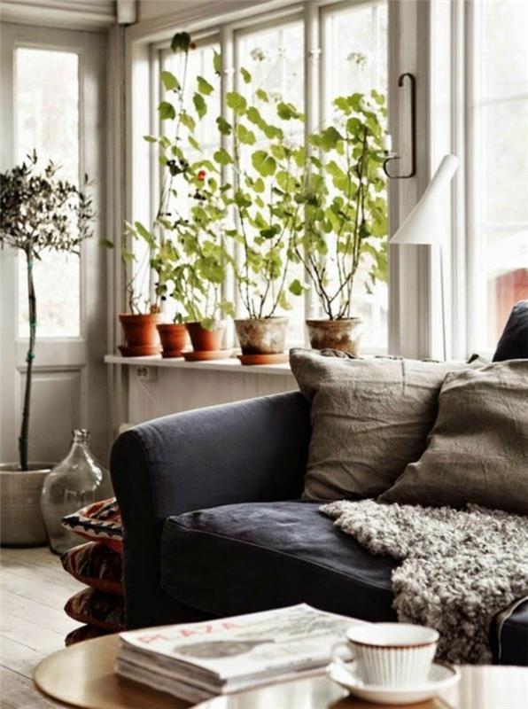 deco -ideoita ikkunalauta olohuone harmaa sohva kasveja