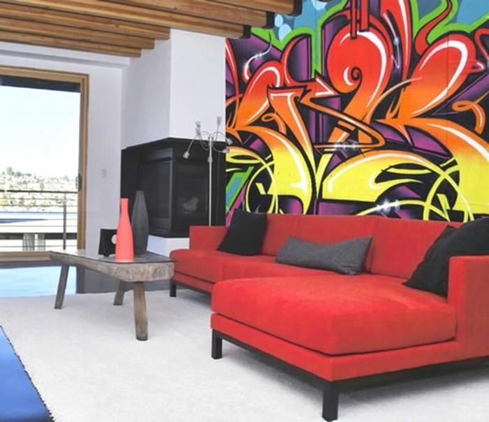 deco -ideoita olohuone graffiti punainen sohva valkoinen matto