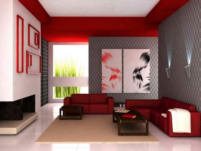 deco -ideoita olohuoneen punaiset sohvat kerma matto valkoiset lattialaatat