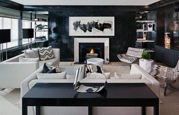 deco -ideoita olohuoneen valkoinen musta sisustus, jossa on takka ja tyylikäs kuvio
