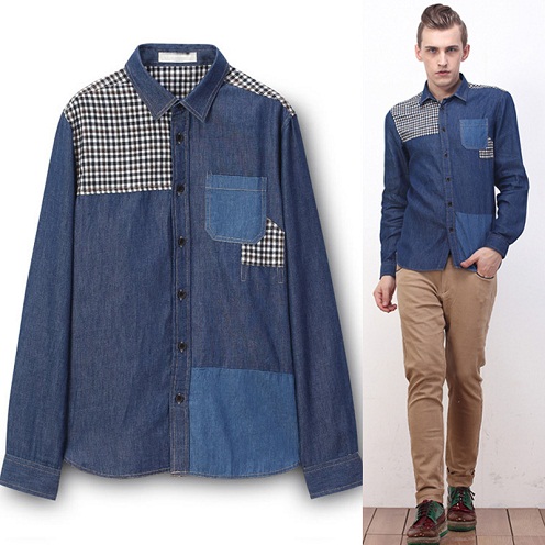 Plaid Side Denim Shirt til Mænd
