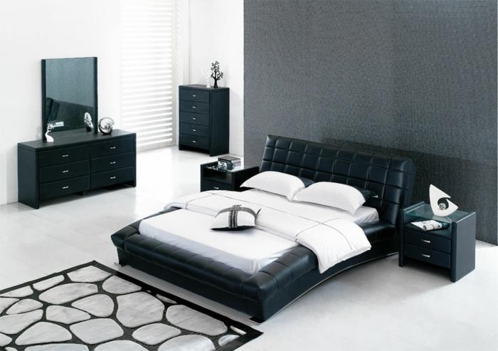 design -vuoteet musta nahka mukavuustyyli viileä matto valkoinen seinäväri musta lipasto