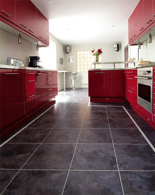 design lattia vinyyli lattialaatat keittiö punainen keittiökaapit