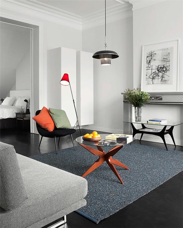 design lattia olohuone sisustus tumma lattia harmaa matto värillinen aksentti