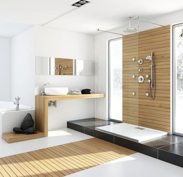 suunnittelija kylpyhuone moderni suihku sadesuihku kivet puulaudat