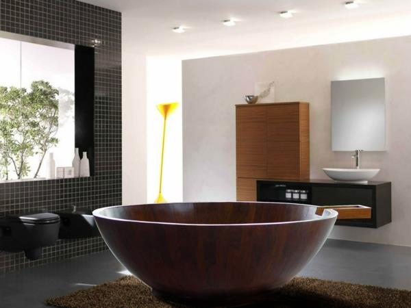 design -kylpyhuone pyöreä puu vapaasti seisova kylpyamme