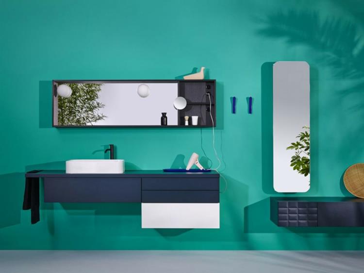 design -kylpyhuonekalusteet InGrid -kylpyhuonekalusteet pesualtaan seinäväri vihreä