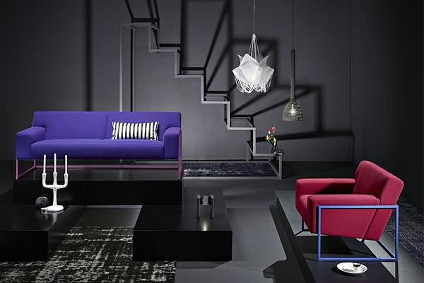 suunnittelija sohva suorakulmainen violetti sohva punainen nojatuoli