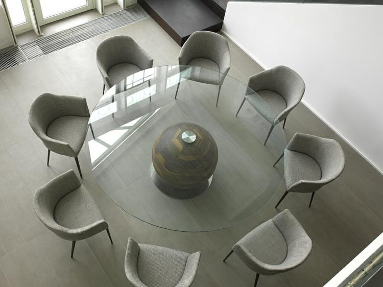 suunnittelija ruokapöydät gheo tumma puu pyöreä lasiruutu pallo ruokapöydän tuolit verhoiltu harmaa