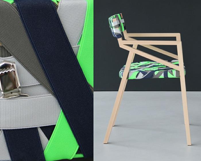 design -huonekalut Bretelle -puiset tuolit istuimen selkänojat sininen harmaa vihreä värivalikoima