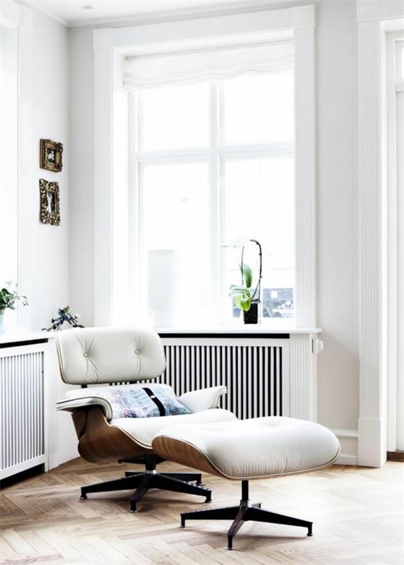 suunnittelija nojatuoli Charles Eames Lounge Chair nahkainen nojatuoli valkoinen
