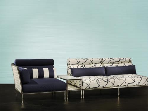 suunnittelija sohva sininen valkoinen tyynyn raita penkki matala sivupöytä