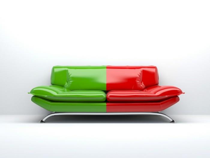 suunnittelijan sohva vihreä ja punainen