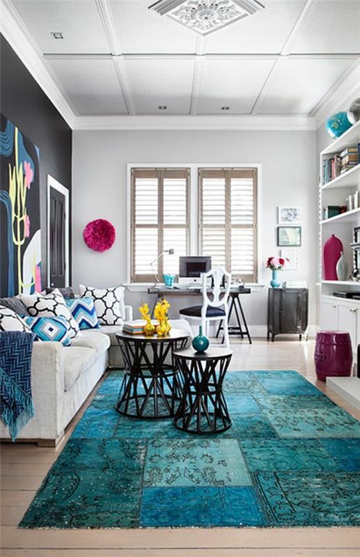 suunnittelijamatto olohuone värikkäitä mattoja sininen