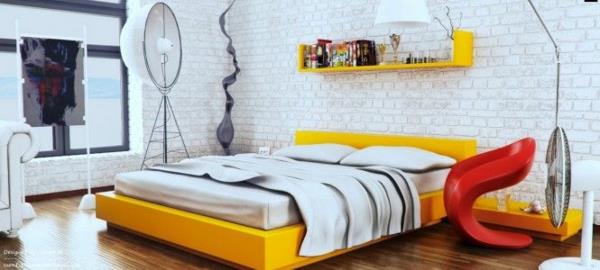 suunnitteluideoita nuorisohuoneen suunnittelu keltainen sängyn hylly tiiliseinä