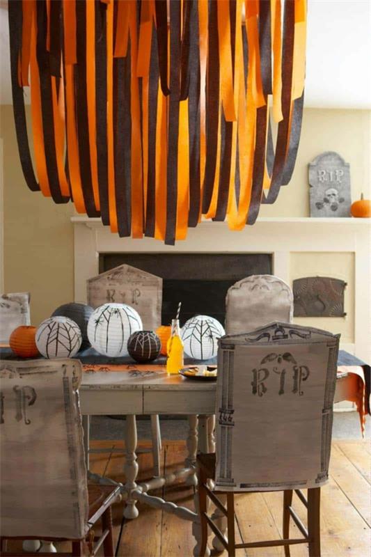 DIY halloween -pöytäkoristeet paperivalaisimet paperiseppelet musta oranssi