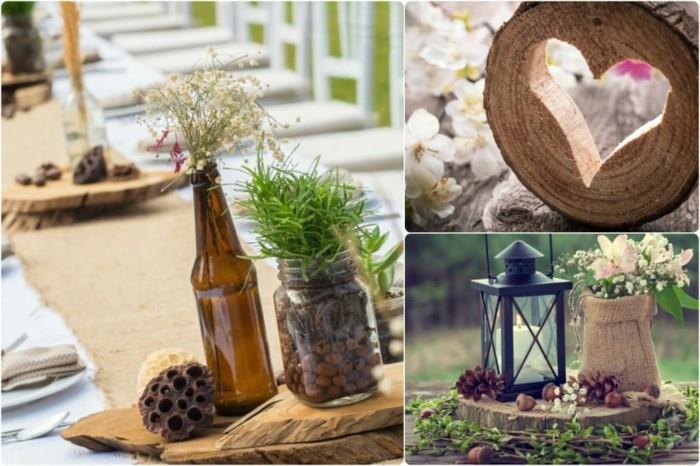 DIY hääideat pöytäkoristeet syksy puukartioita hasselpähkinöitä