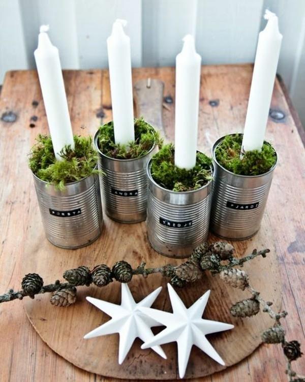 DIY -ideat adventtiseppele tee itse tinapurkkeista valkoisia kynttilöitä