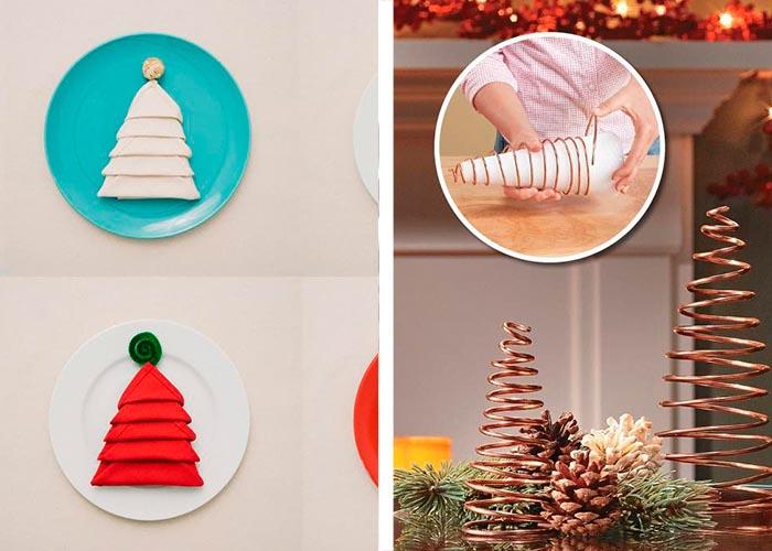 DIY -ideoita joulupöydän koristeluun metalliset kuuset ja lautasliinat