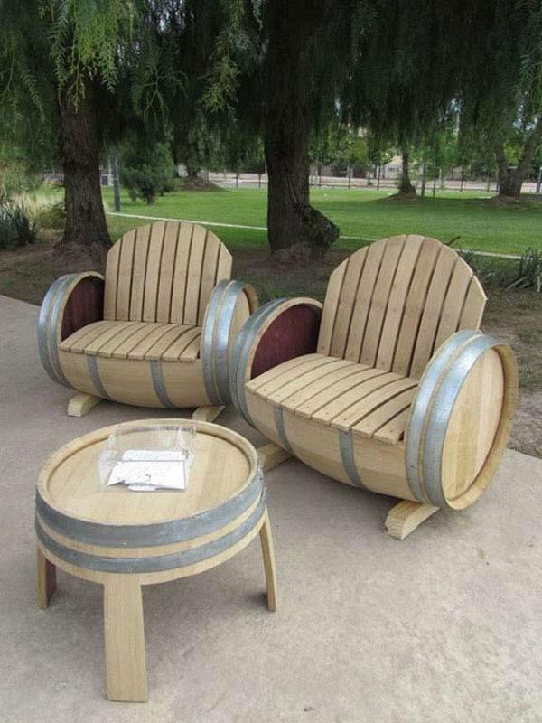 DIY huonekalut sytyttää puinen tynnyri puutarhakalusteet ideoita tuoli viini tynnyri baaripöytä