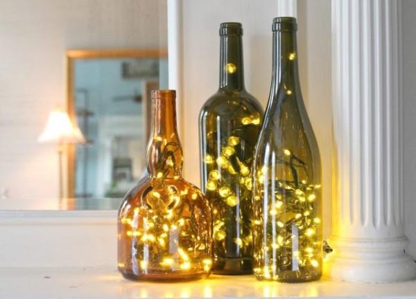 diy joulukoristeita ideoita keiju valot viinipullot