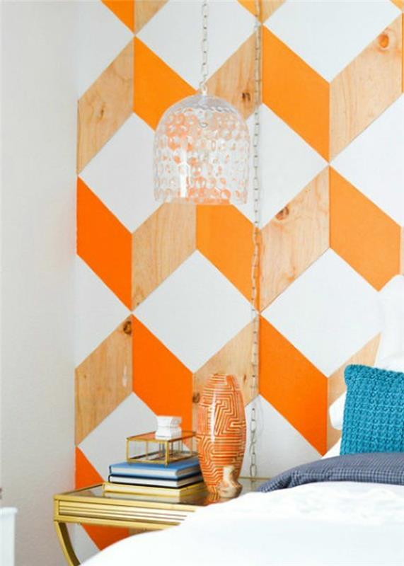 DIY kotiideoita seinäkoristeita geometrinen kuvio oranssi puu valkoinen