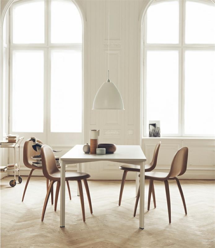 tanskalainen tanskalainen design skandinaavinen sisustus ruokasali ruokapöytä tuolit riippuvalaisin gubi