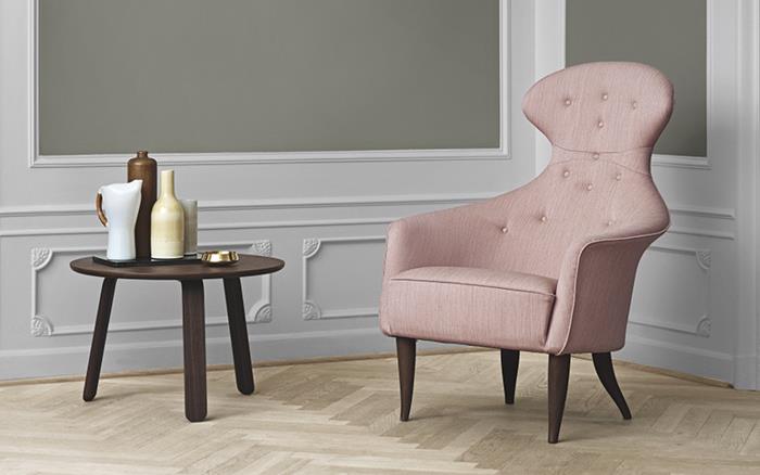 tanskalainen design skandinaaviset huonekalut vaaleanpunainen nojatuoli pyöreä sivupöytä gubi