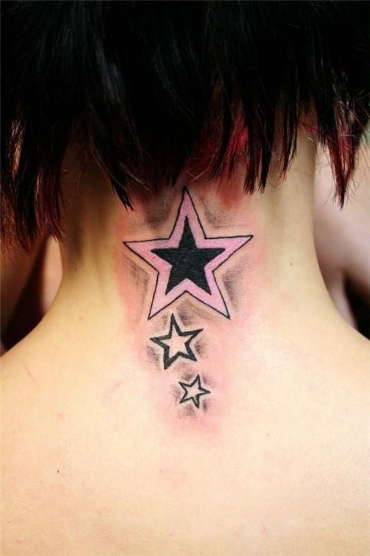 kolmen tähden tatuointi niskassa vaaleanpunainen musta
