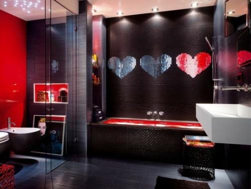 tumma kylpyhuone design popart punainen musta sävyjä