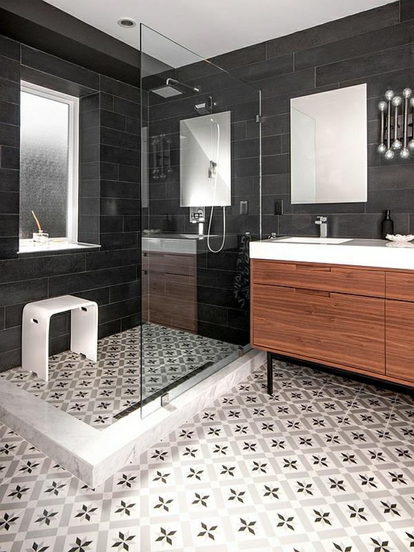 suihku kylpyhuone lattialaatat kuvio seinälaatat musta