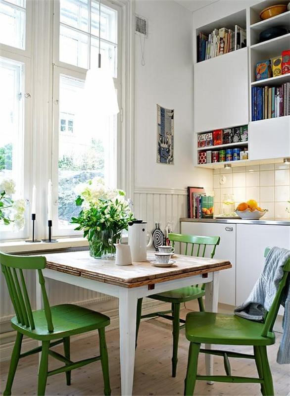 aito puukalusteet ruokasali perustaa ruokapöytä maalaismainen vihreä tuolit