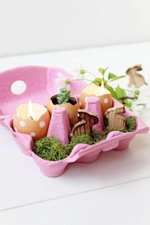 munapakkaus vaaleanpunainen sammal kynttilät kaada pääsiäismunia pieniä pääsiäislahjoja