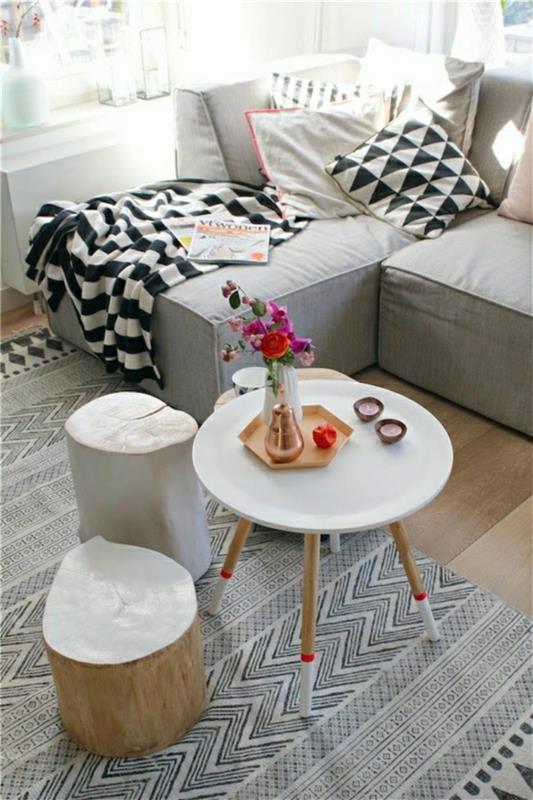 sisustus olohuone skandinaaviset huonekalut sohvapöytä pyöreä mattokuvioinen sohva