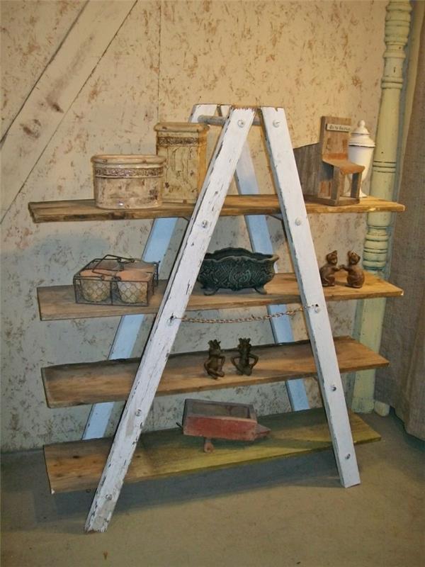 Kierrätysideoita sisustusesimerkkejä DIY -ideoita puiset tikkaat epäsuora valaistus seinähylly kellari