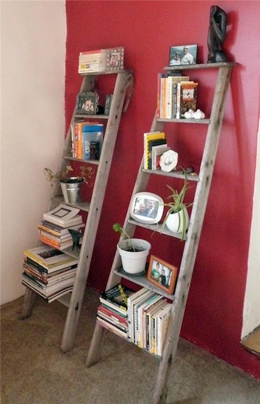 Kierrätysideoita diy -ideoita puiset tikkaat epäsuora valaistus seinähylly punainen seinämaali
